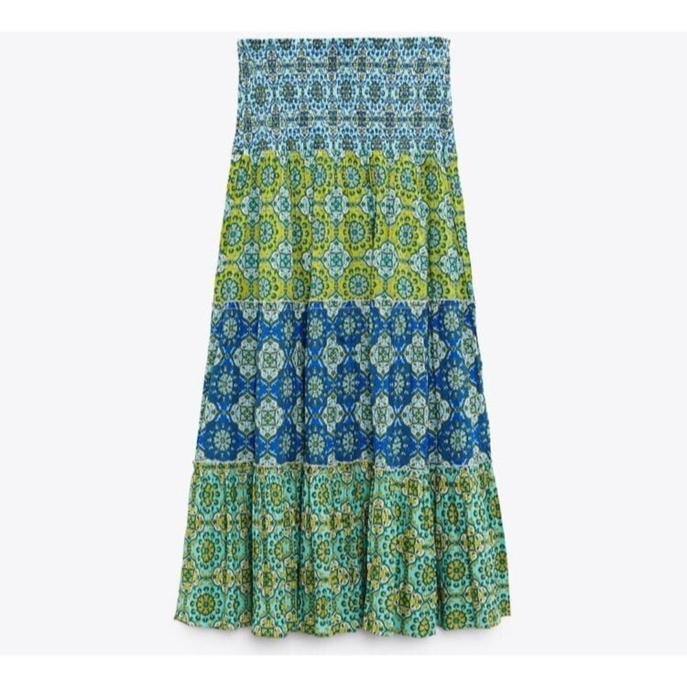 Zara Blue and Green Patterned Midi Skirt